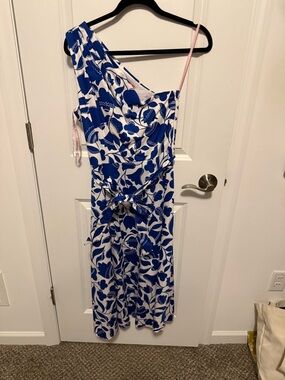 kate spade Blue and White Floral One-Shoulder Dress with Tie Waist